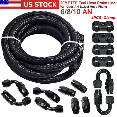 20FT Nylon PTFE Brake Fuel Hose Line Kit Stainless W/ 14PC AN Hose Fittings • $56.04