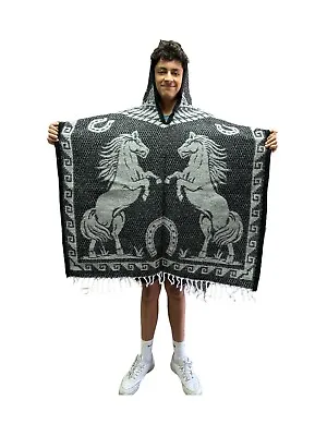 Mexican Poncho With Hood  Horse Poncho   Blanket  One Size  Black - Gray • $45