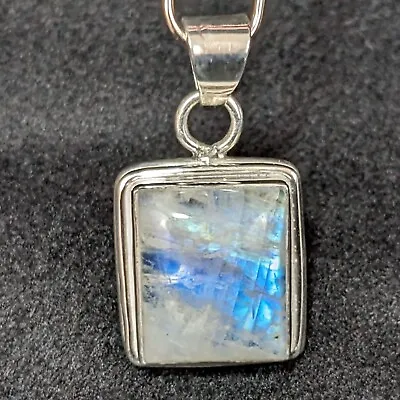 Blue Glowing Rainbow Moonstone Modern Square Pendant 10 G Sterling Silver 925 • $36