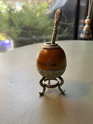 Vintage Alpaca Yerba Mate Gourd With Bombilla Straw 3” Folk Art • $16.50