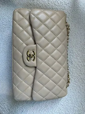 $6800 • Buy Chanel Jumbo Classic Flap Handbag Gold Hardware Beige Leather