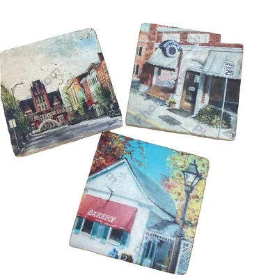 Stone Marble Coasters Square Set Of 3 Old Time Town Square Made In USA • $25.99