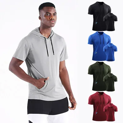 Mens Summer Sportswear Tops Hoodie Fitness Tee Short Sleeve Hooded Sport T Shirt • £10.44