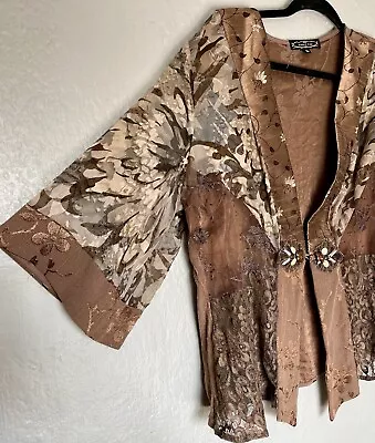 VTG 90s Violet Kay Silk Blend Kimono Jacket Brown Burnout Lace Beaded Artisan XL • $54