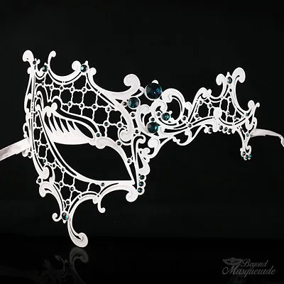 Woman Mask White Metal Phantom Venetian Ball Masquerade Mask W Green Rihnestones • $9.99