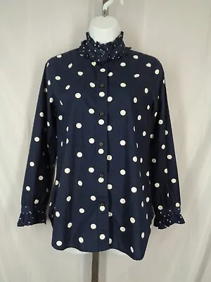J Crew Ruffle Neck Blue Polka Dot Classic Fit Shirt Size 0 New • $68.65