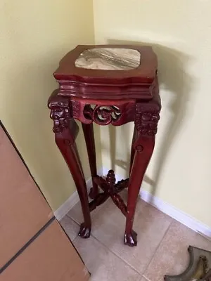 Antique Carved Rosewood Round Plant Stand Marble Top Table  • $388