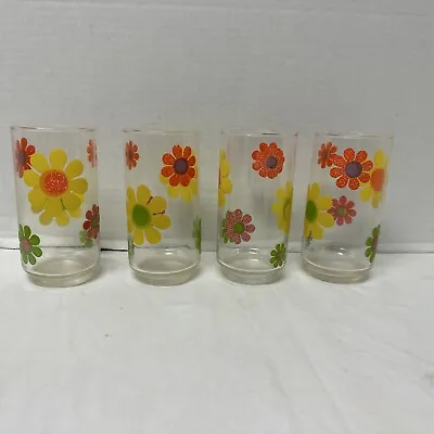 Vintage Set Of 4 Libbey Retro Stickers Flower Power Hippie Full Size Glasses 6” • $74.99