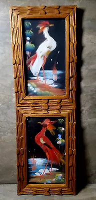 2 Vintage Mexican Bird Feather Pictures Feathercraft Folk Art Carved Wood Frames • $9.99