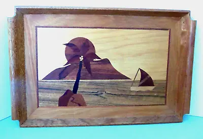 Vintage Inlaid Wood Marquetry Lg Serving Tray- Rising Sun Sailboat Design - MCM • $27.99