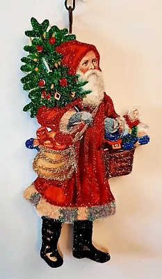 VICTORIAN SANTA In RED COAT W SWEETS & TREE Glitter CHRISTMAS ORNAMENT * Vtg Img • $10.50