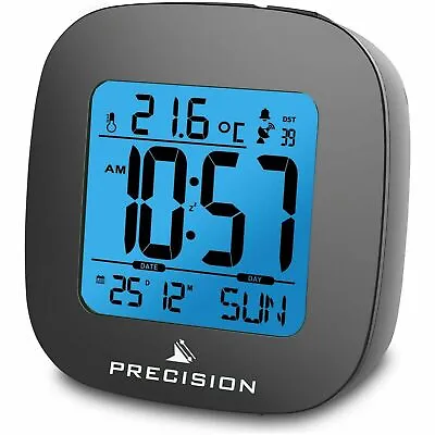 Precision Digital Radio Controlled Alarm Clock Temp Night Blue LED Black White • £13.99