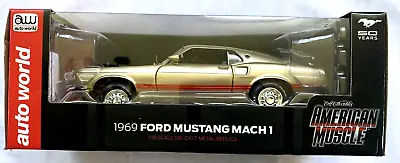 Auto World American Muscle 1969 Ford Mustang Mach 1 Gold/Red 1:18 Die-Cast • $98.34