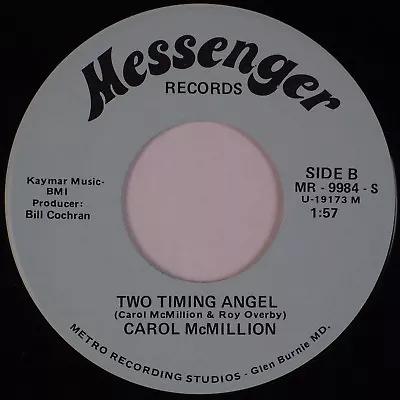 CAROL McMILLION: Two Timing Angel MESSENGER Baltimore Obscure Country 45 MP3 • $8