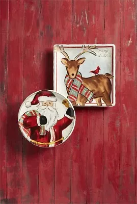 New Mud Pie Santa & Reindeer Platter Set - Santa 12” Dia Reindeer 13”x13” • $49.99