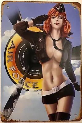 TIN SIGN 8x12 Air Force Sexy Girl Redhead Salute Military Plane War Veteran (A47 • $11.99