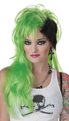Sassy Green Black Smash Punk Wig Shaved Side Sexy Rocker Messy Hard Core Rave • $13.95