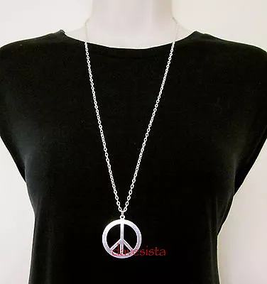 FANCY DRESS SILVER TONE PEACE SIGN HIPPY 1960s NECKLACE ACCESSORIES JEWELLERY(!) • £3.90