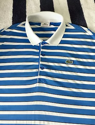 Mens Lacoste Sport White Black & Blue Striped Polo Shirt In Size 5 Large • £9.99