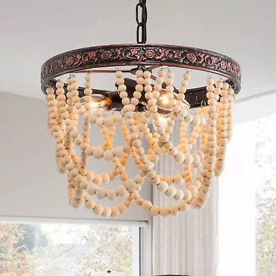 3-Light Wood Bead Chandelier Boho Light Fixture With Engraving Pattern Farm... • $72.05