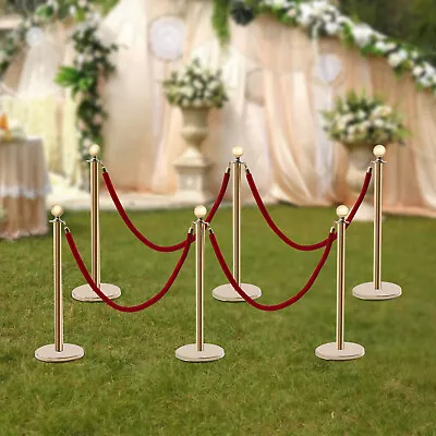 6 Pcs Red Velvet Rope +Gold Stanchion Post Set Crowd Control Queue Pole Barrier • $92.52