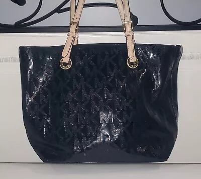 Michael Kors Jet Set Logo Tote Black Shiny   Patent Shoulder Bag • $50