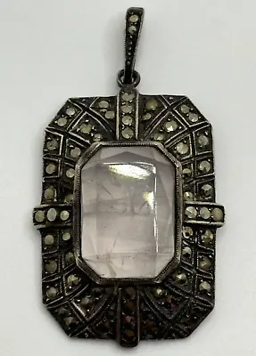 Vintage German Art Deco Sterling Silver Rose Quartz Marcasite Pendant Germany • $106.24