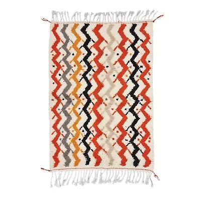 Moroccan Handmade Beni Ourain Rug 3'6x5 Berber Zigzag White & Red Wool Carpet • $521