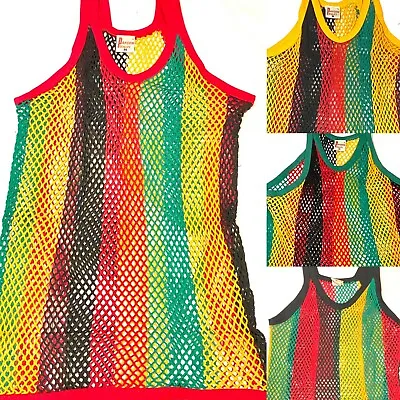 £6.99 • Buy Mens Rasta String Mesh Vests Fish Net Tank Gym Tops, 100% Cotton, Fitted Jamaica