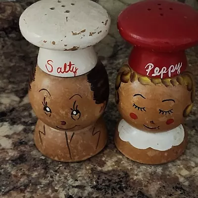 Vintage Salty & Peppy Retro Kitchen Salt Pepper Shakers Chef Large Wooden • $10.25