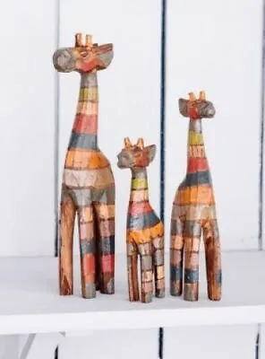 Fair Trade Hand Carved Made Wooden Rainbow Giraffe Set Of 3 Sculptures Ornaments • £19.95