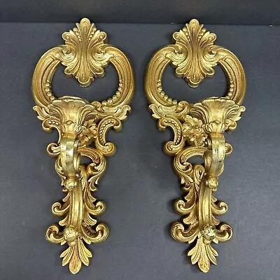 Vtg 1977 Hollywood Regency Candle Wall Sconces Bright Gold Dart 4204 15  X 6.5” • $29.99