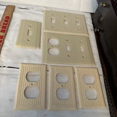 6 Vintage Midcentury Bakelite Ivory Color Ribbed Outlet Switch Wall Plate Covers • $24