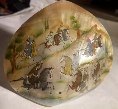 Tang Dynasty PERSIAN HAND PAINTED ON SHELL  Polo Chaugan Horse Riding 1900-1930 • £49.95