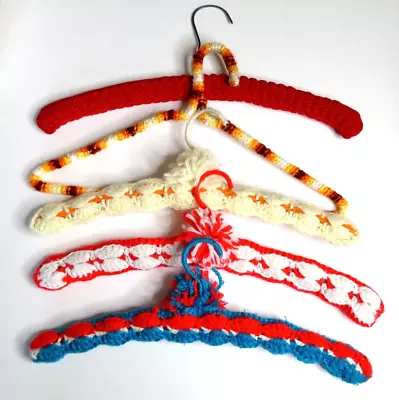 Lot Of 5 Vintage Crochet Covered Wooden Clothes Hangers Swivel Hook 70's • $11.99