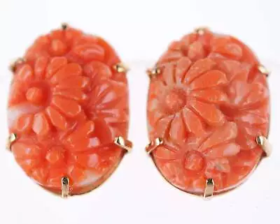 Vintage Chinese 14k Gold Carved Coral Screw Back Earrings • $435