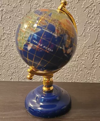 Semi Precious Gem Stone Small World Globe Lapis Globe And Base Gold Metal 6” • $5