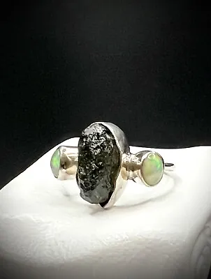 Rough Cut Bohemian Moldavite And Ethiopian Welo Opal Fancy Ring SS 925 Size 6 • $235.98