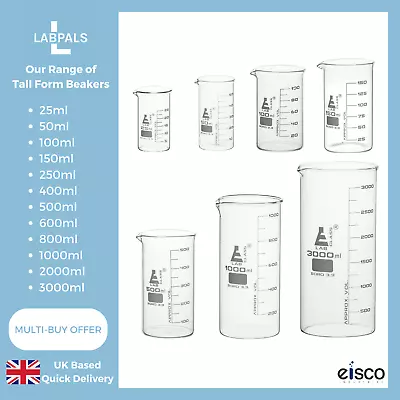 Laboratory Measuring Glass Beaker - 25ml-3000ml - Tall Form - Borosilicate 3.3 • £2.50