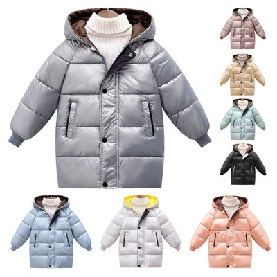 Kids Girls Winter Shiny Down Jacket Thick Snow Coat Mid-Thigh Padded Warm Hooded • £10.82
