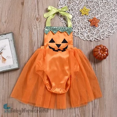 Baby Girls Orange Pumpkin Halloween Costume Party Dress One Piece Size 0-2Years • $21.95