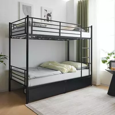 Single Bunk Bed Frame Metal Loft Sleeper W/ Two Drawers Ladder Safety Guardrail • £148.99