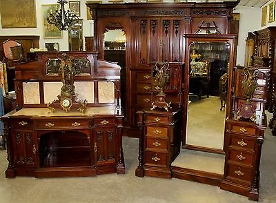 Antique Carved English Edwardian Solid Mahogany 4 Piece Bedroom Set W/ Bed C1890 • $36500