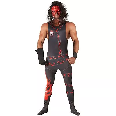 Mens Licensed WWE Kane Costume Mask Wig Adult Wrestling Wrestler Fancy Dress • $49.95