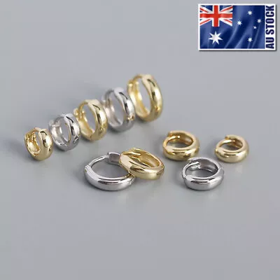 $14.95 • Buy Genuine 925 Sterling Silver Solid Classic Thick Hoop Huggie Clip Earrings 5-9MM