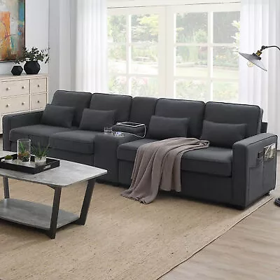 114  Upholstered Linen Fabric Couches With Console And 4 Pillows For Living Room • $645.52