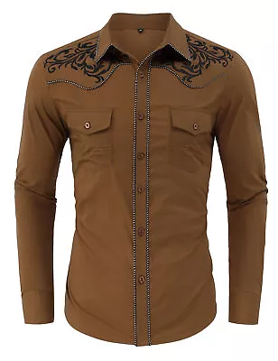 Men's Western Cowboy Shirt Long Sleeve Embroidered Slim Casual Button Shirts US • $22.55