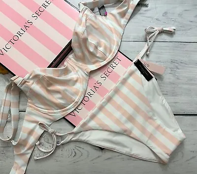Victoria's Secret Swim Wicked Sling Top String Bottom Bikini Set Stripped Pink • $25