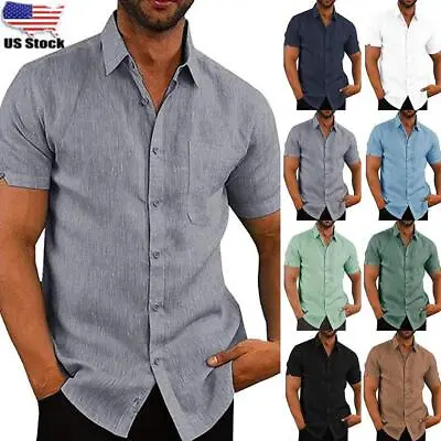 Men's Summer Casual Shirt Button Down Short Sleeve Regular Fit Plain Formal Tops • $17.10