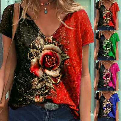 £10.39 • Buy Womens Floral T-Shirt Gothic V Neck Ladies Summer Casual Tunic Tops Blouse Tee